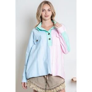 BLUE VELVET - Color Block Button Placket Drop Shoulder Top